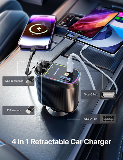 4-in-1 Retractable Car Charger with Fast Charging