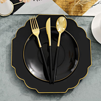 Supernal 150pcs Gold Plastic Dinnerware Set, Halloween Black Plastic Plates,Gold Plastic Silverware,Black and Gold Cutlery,include 30 Dinner Plates,30 Dessert Plates,30 Forks,30 Knives,30 Spoons