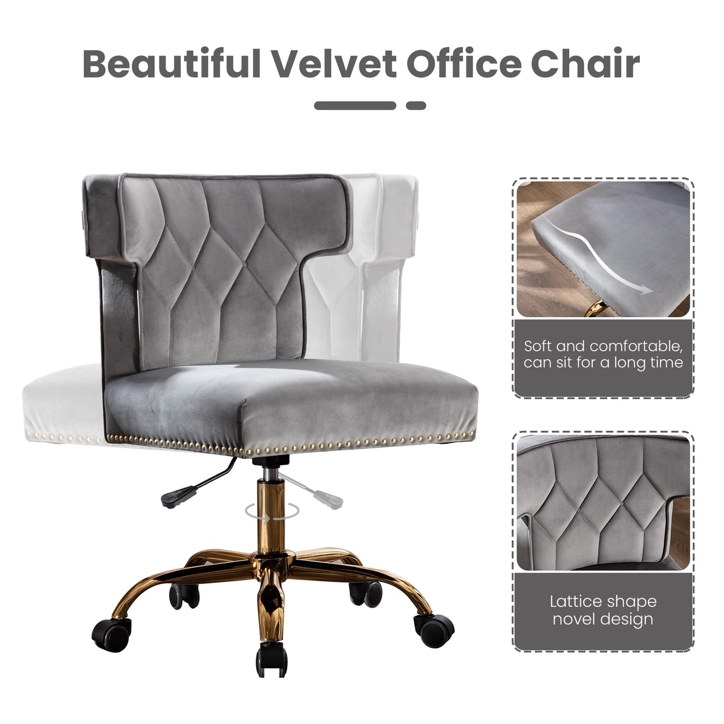 Recaceik Velvet Home Office Chair, Modern Adjustable Swivel Desk Chairs with High Back 360 Degree Castor Gold Wheels for Living Room/Bedroom/Office (Gray)