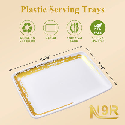 N9R 6 Pack White Plastic Serving Trays with Gold Rim- 11“ x 8“ Rectangle Serving Platters - Tray Decor, Food Tray, Serving Trays for Party