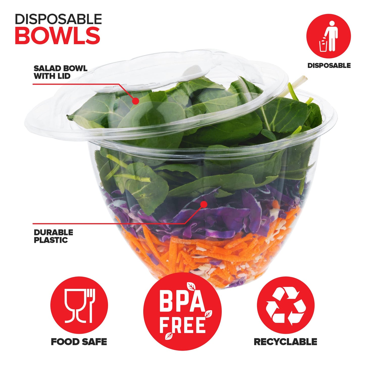Plastic Salad Bowls with Lids, 50 Count