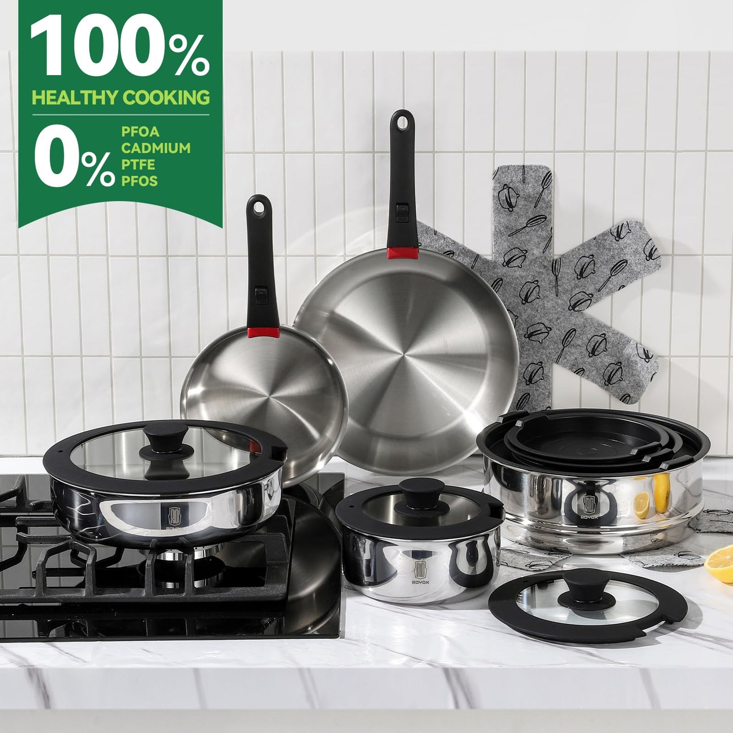16-Piece Stainless Steel Cookware Set with Detachable Handles