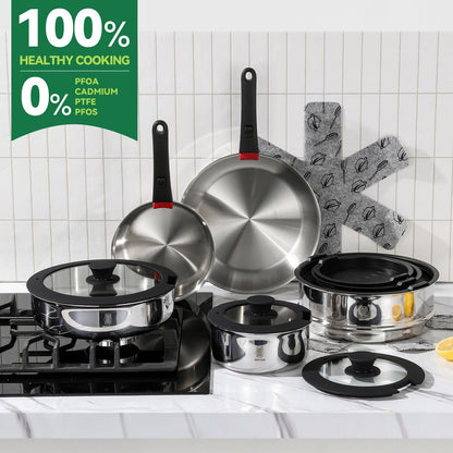 16-Piece Stainless Steel Cookware Set with Detachable Handles