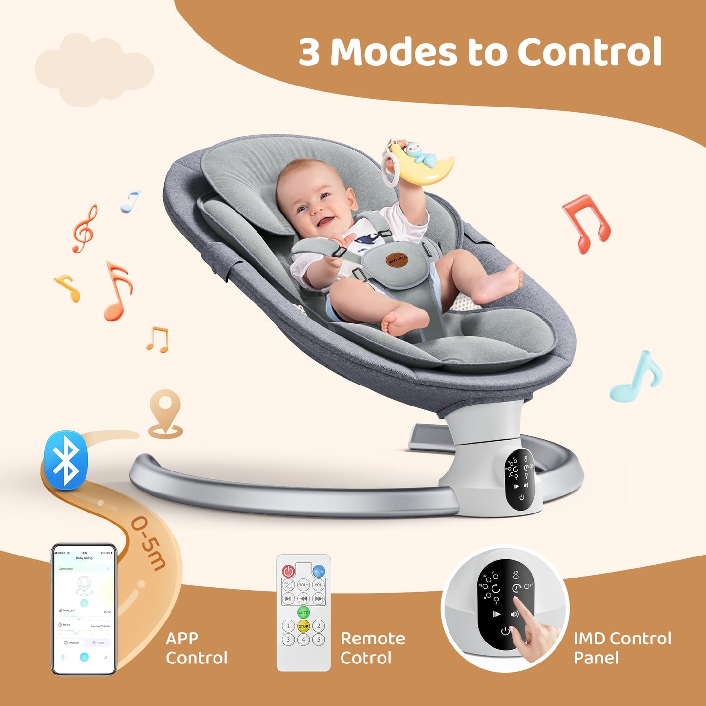 Electric Baby Swing with Bluetooth & Lullabies