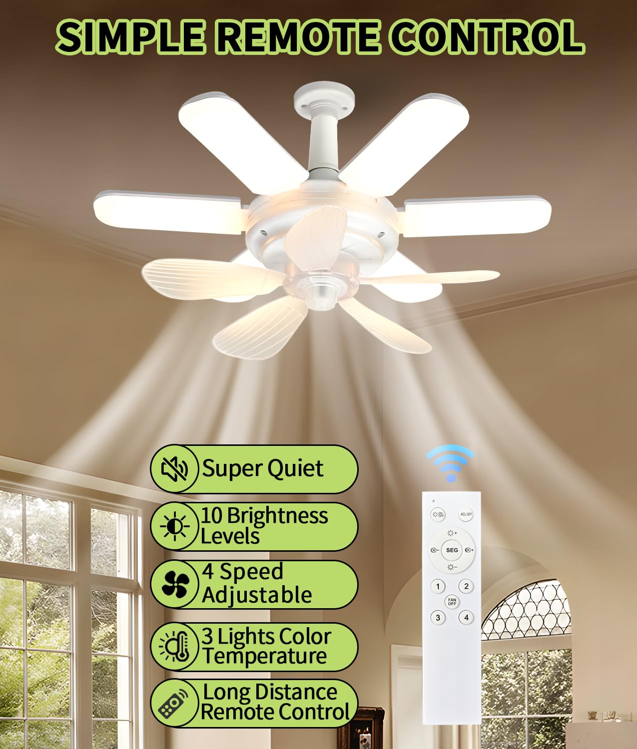 Socket Fan Light, Ceiling Fans with Lights and Remote - Dimmable LED Ceiling Fans with Lights,360°Super Brighter Foldable Socket Fan,3 Colors 3500K-6500K,E27 Screw in Ceiling Fan for Bedroom Garage