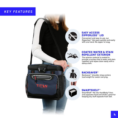 Titan by Arctic Zone Deep Freeze Cooler - 16 Can Zipperless Hardbody Cooler - Deep Freeze Insulation, HardBody Liner, and SmartShelf - Navy Blue