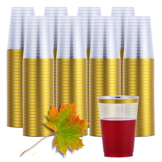By Madee HEAVYWEIGHT 100 Pack 12 Oz Clear and Gold Rimmed Plastic Cups | Thanksgiving Cups Disposable | Elegant Gold Plastic Cups for Party