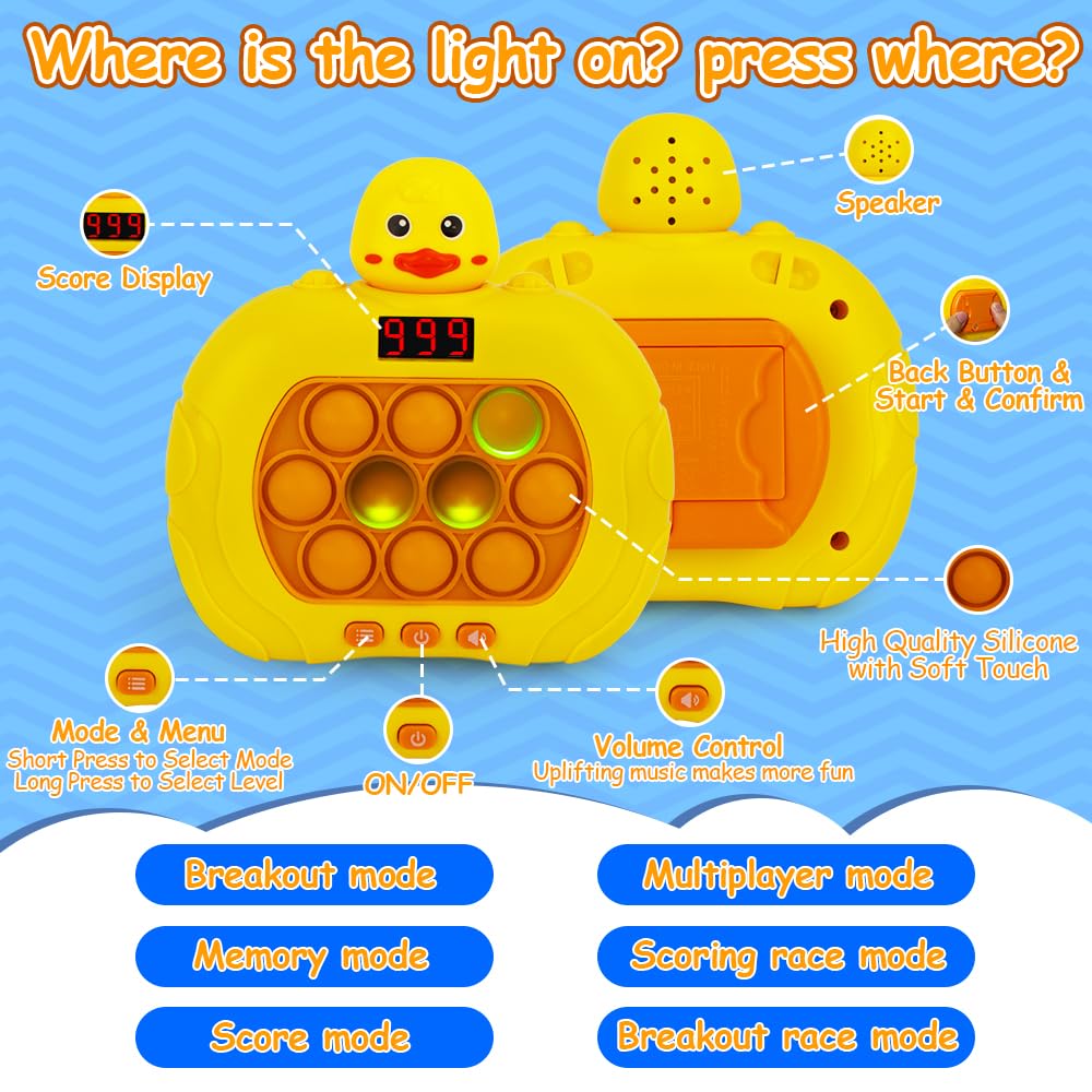 Fast Push Game, Pop Light Up Game Toys Upgraded Version with Game Clearance LED Screen, Handheld Puzzle Game Fast Push Bubble Game, Autism Sensory Toys Mini Games, Fidget Toy for Kids (Yellow Duck)