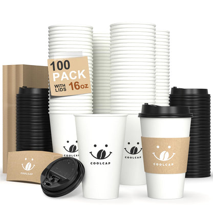 Coffee Cups with Lids and Sleeves, 16 Ounce 100 pack To Go Coffee Cups with Lids, Paper Hot Coffee Cups for Hot and Cold Beverage (White, 16 Ounce)