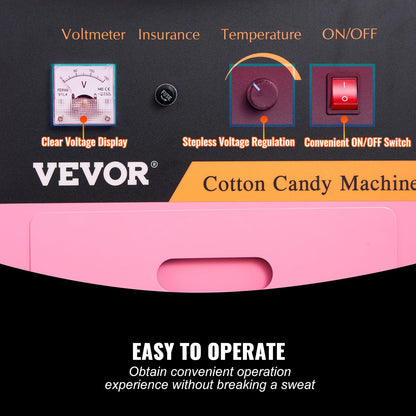 VEVOR Electric Cotton Candy Machine Cart, 1000W Commercial Floss Maker w/Stainless Steel Bowl, Sugar Scoop and Drawer, Perfect for Home, Carnival, Kids Birthday, Family Party, Pink