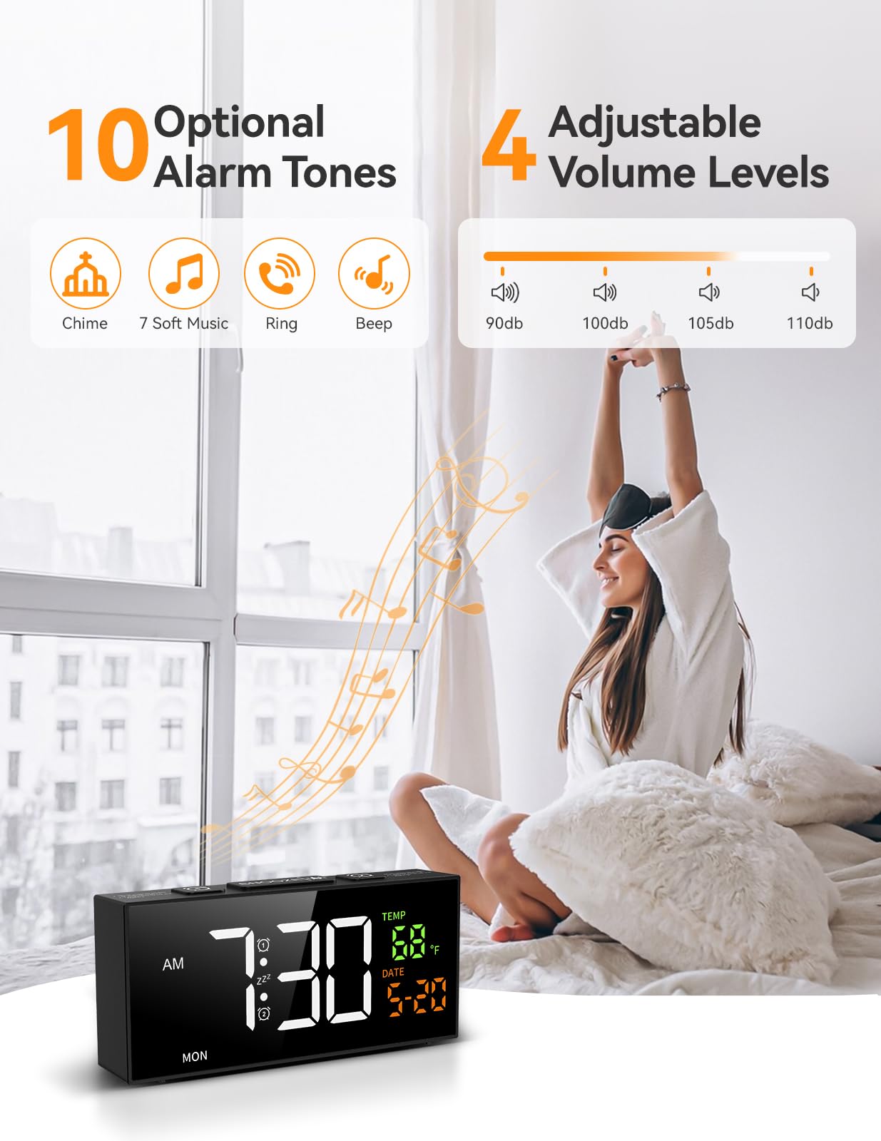 Netzu Alarm Clocks for Bedrooms, Digital Alarm Clock with Date Temperature and Weekday, Manual DST, Snooze, 2 Alarms, 4 Volumes Bedside Desk Clock for Living Room Home (Black)