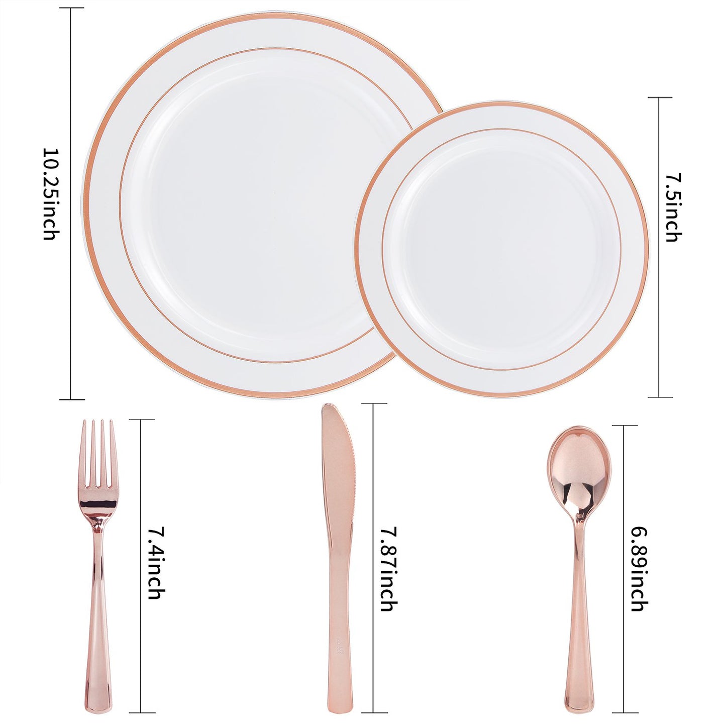 WDF-125PCS Rose Gold Plastic Silverware&Disposable Plastic Plates - Plastic Plates include 25 Dinner Plates,25 Salad Plates,25 Forks, 25 Knives, 25 Spoons for Wedding, Party, Mother's Day