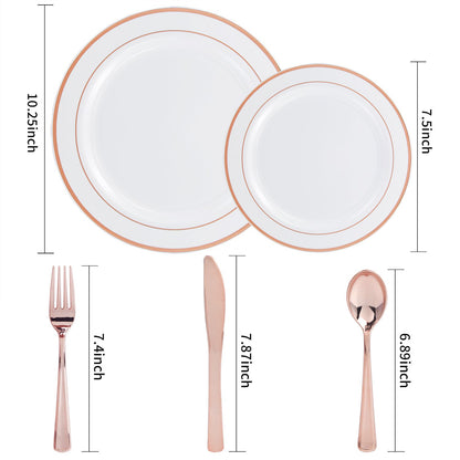 WDF-125PCS Rose Gold Plastic Silverware&Disposable Plastic Plates - Plastic Plates include 25 Dinner Plates,25 Salad Plates,25 Forks, 25 Knives, 25 Spoons for Wedding, Party, Mother's Day