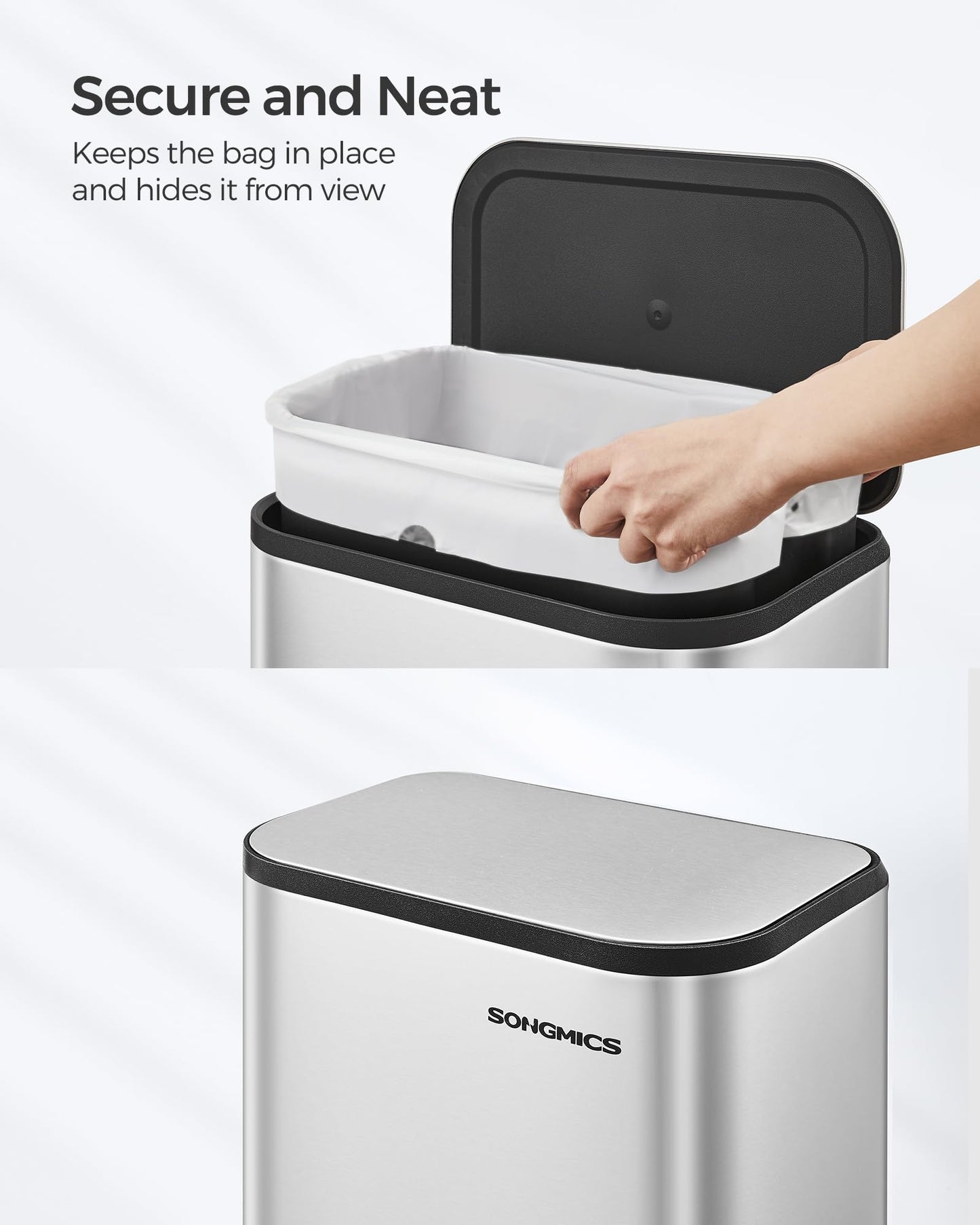 SONGMICS Kitchen Trash Can, 5.2-Gallon (20L) Garbage Can with Lid, Stainless Steel, Soft Close and Stays Open, Inner Bucket, Wide Non-Slip Pedal, Metallic Silver LTB542E20