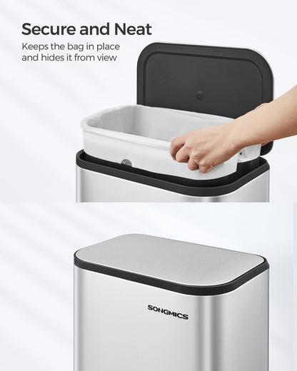 SONGMICS Kitchen Trash Can, 5.2-Gallon (20L) Garbage Can with Lid, Stainless Steel, Soft Close and Stays Open, Inner Bucket, Wide Non-Slip Pedal, Metallic Silver LTB542E20