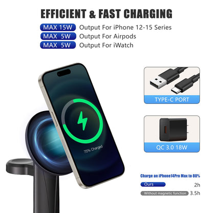 3 in 1 Magnetic Wireless Charger,3-in-1 Charging Station,Charging Stand,for Apple iPhone 12-16 Series,Apple Watch,AirPods,for Home/Office(18W Adapter Included)(Black)