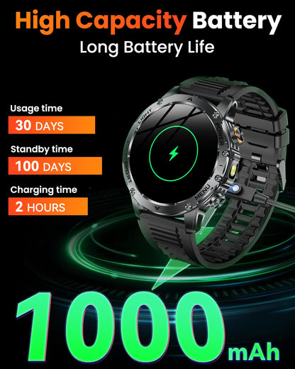 Military Smart Watches for Men, 1.7″ Smart Watch with 1000 mAh Battery, Led Flashlight, Answer/Make Calls, IP68 Waterproof, Heart Rate/Sleep Monitor 100+ Sport Modes Fitness Watch for Android/iPhone