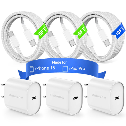 for iPhone15 Pro Max Charger,3-Pack PD 20W USB C Fast Charger Block with 10/6/6ft Long USB C to USB C Cable Fast Charging for Apple iPhone 15,15 Pro Max,15 Plus,Samsung Galaxy S24 Ultra