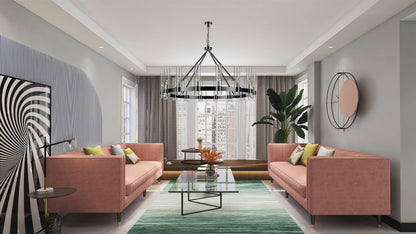 48" Black Wagon Wheel Chandelier with Glass Shade