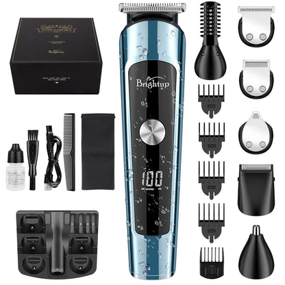 Brightup Beard Trimmer for Men, IPX7 Waterproof Mens Grooming Kit with Cordless Hair Clippers, Electric Razor with LED Display, Shavers for Mustache, Body, Face, Ear, Nose Hair Trimmer, Gifts for Men