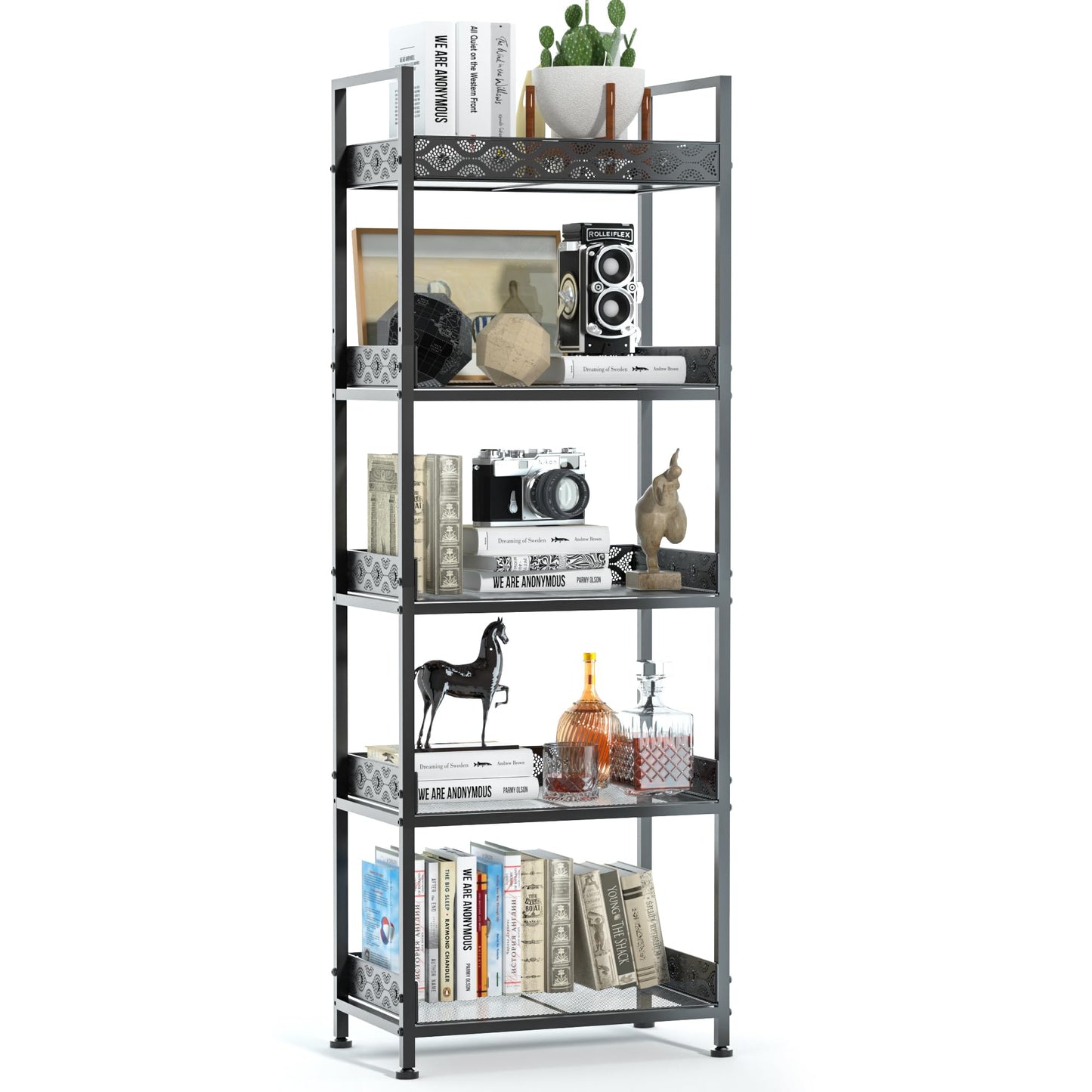 vimiroo Heavy Duty 5 Tier Bookshelves,Metal Storage Rack for CD, Books,Microwave Load-Bearing 500 lbs Rust Resistance Tall Bookcase for Bedroom,Living Room,Office,Kitchen (Black)
