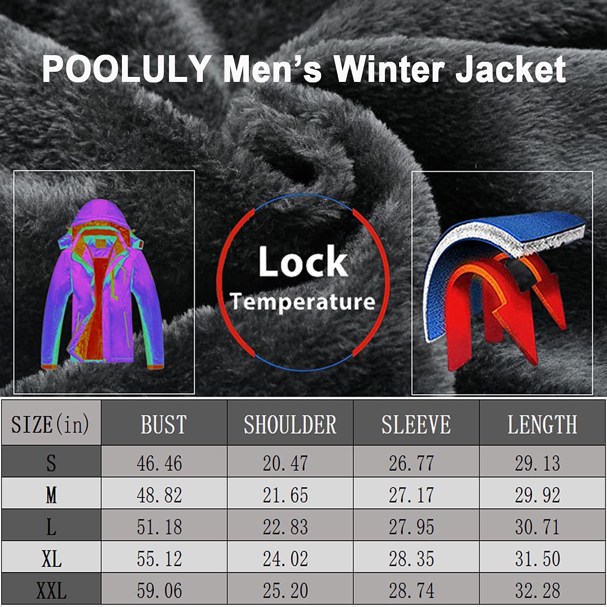 Pooluly Men's Ski Jacket Warm Winter Waterproof Windbreaker Hooded Raincoat Snowboarding Jackets Black-L