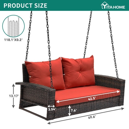 YITAHOME Wicker Hanging Porch Swing Chair Outdoor Brown Rattan Patio Swing Lounge w/ 2 Back Cushions Capacity 530lbs for Garden, Balcony, Living Room, Red