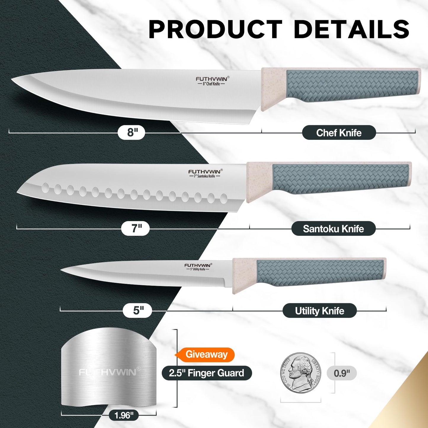FUTHVWIN Chef Knife Ultra Sharp Kitchen Knife Set 3-Piece, Premium German 1.4116 Stainless Steel Chefs Knife Set with Finger Guard, Ergonomic Handle Professional Knives Set for Kitchen, 2024 Gift