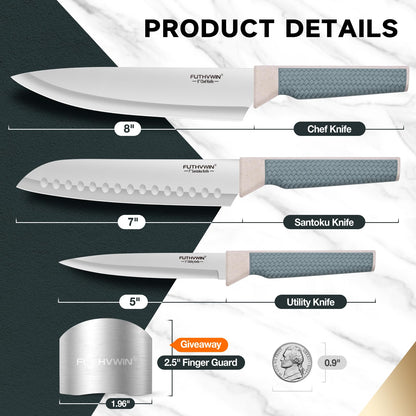FUTHVWIN Chef Knife Ultra Sharp Kitchen Knife Set 3-Piece, Premium German 1.4116 Stainless Steel Chefs Knife Set with Finger Guard, Ergonomic Handle Professional Knives Set for Kitchen, 2024 Gift
