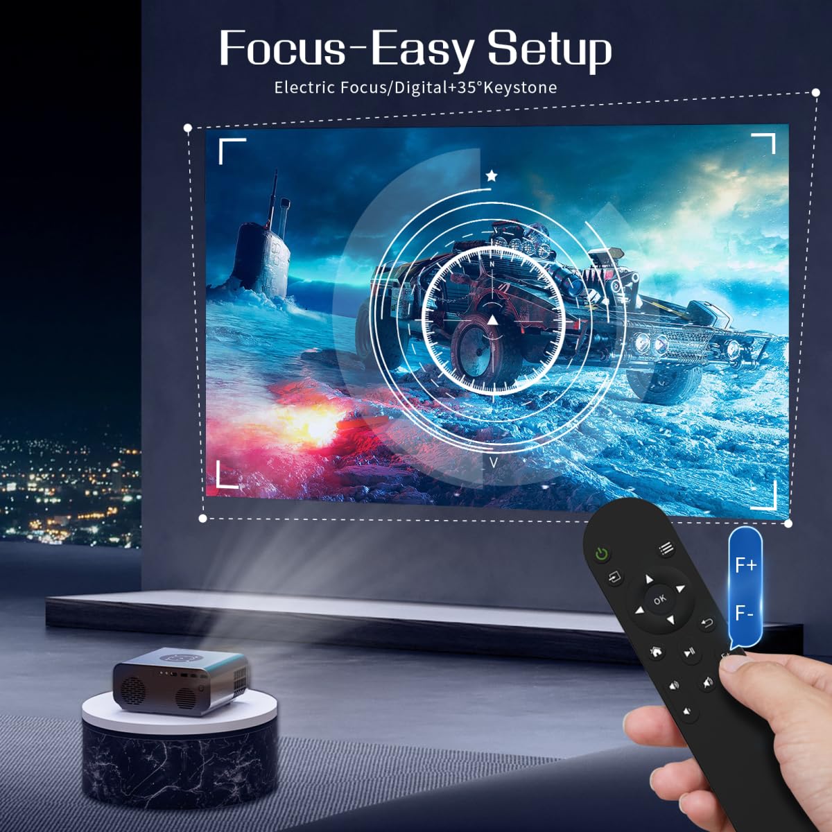 Portable 1080P Projector with Auto Focus & Screen