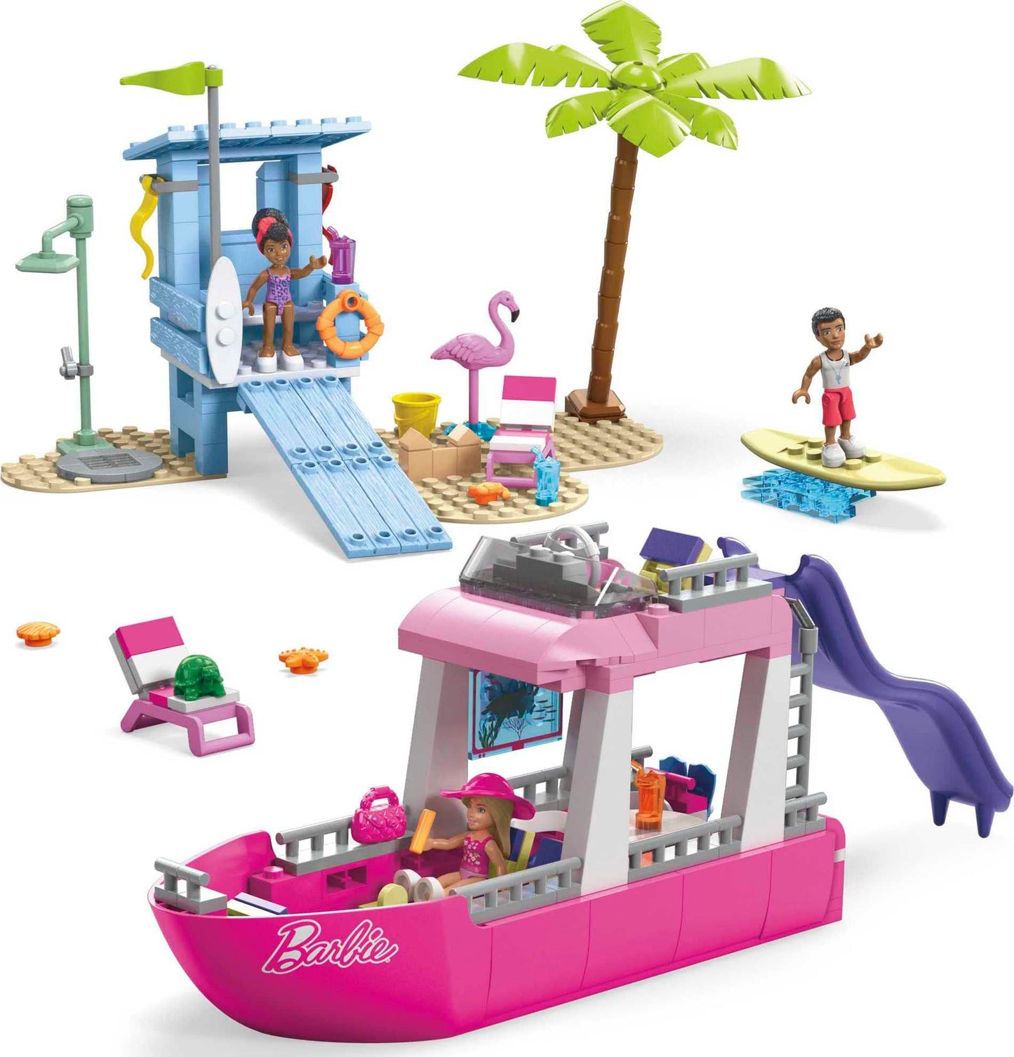 Mega Barbie Kids Building Toy Set, Malibu Dream Boat with 317 Pieces, 2 Micro-Dolls and Accessories, Pink, Ages 6+ Years