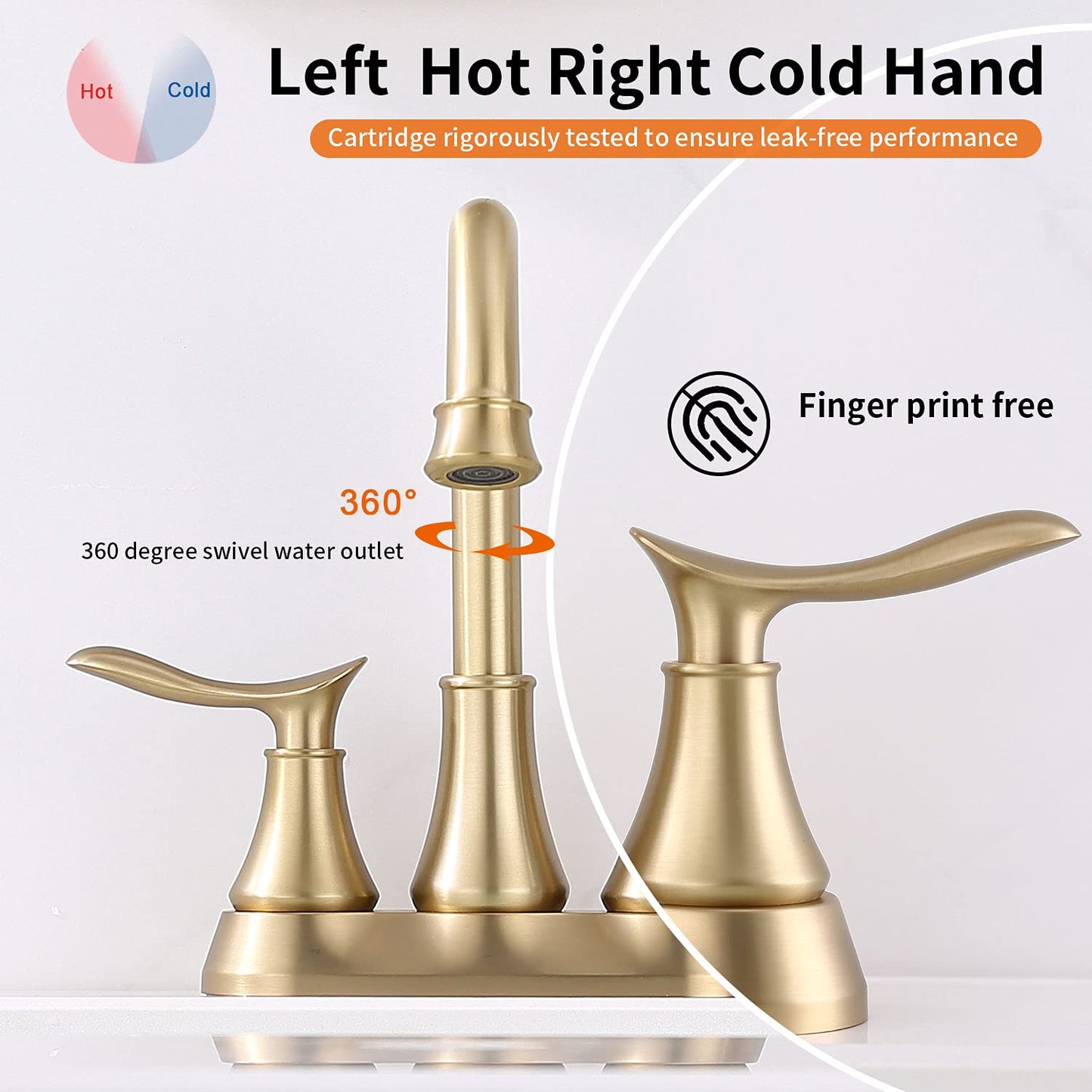 GELE Bathroom Faucet Brushed Gold with Pop up Drain & Supply Hoses 2-Handle 360 Degree High Arc Swivel Spout Centerset 4 Inch Vanity Sink Faucet