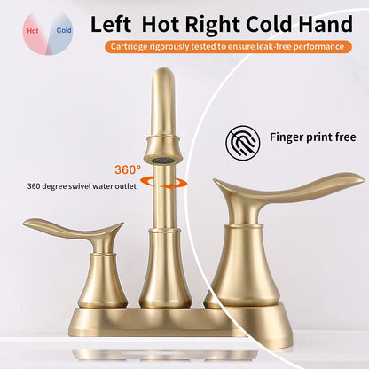 GELE Bathroom Faucet Brushed Gold with Pop up Drain & Supply Hoses 2-Handle 360 Degree High Arc Swivel Spout Centerset 4 Inch Vanity Sink Faucet