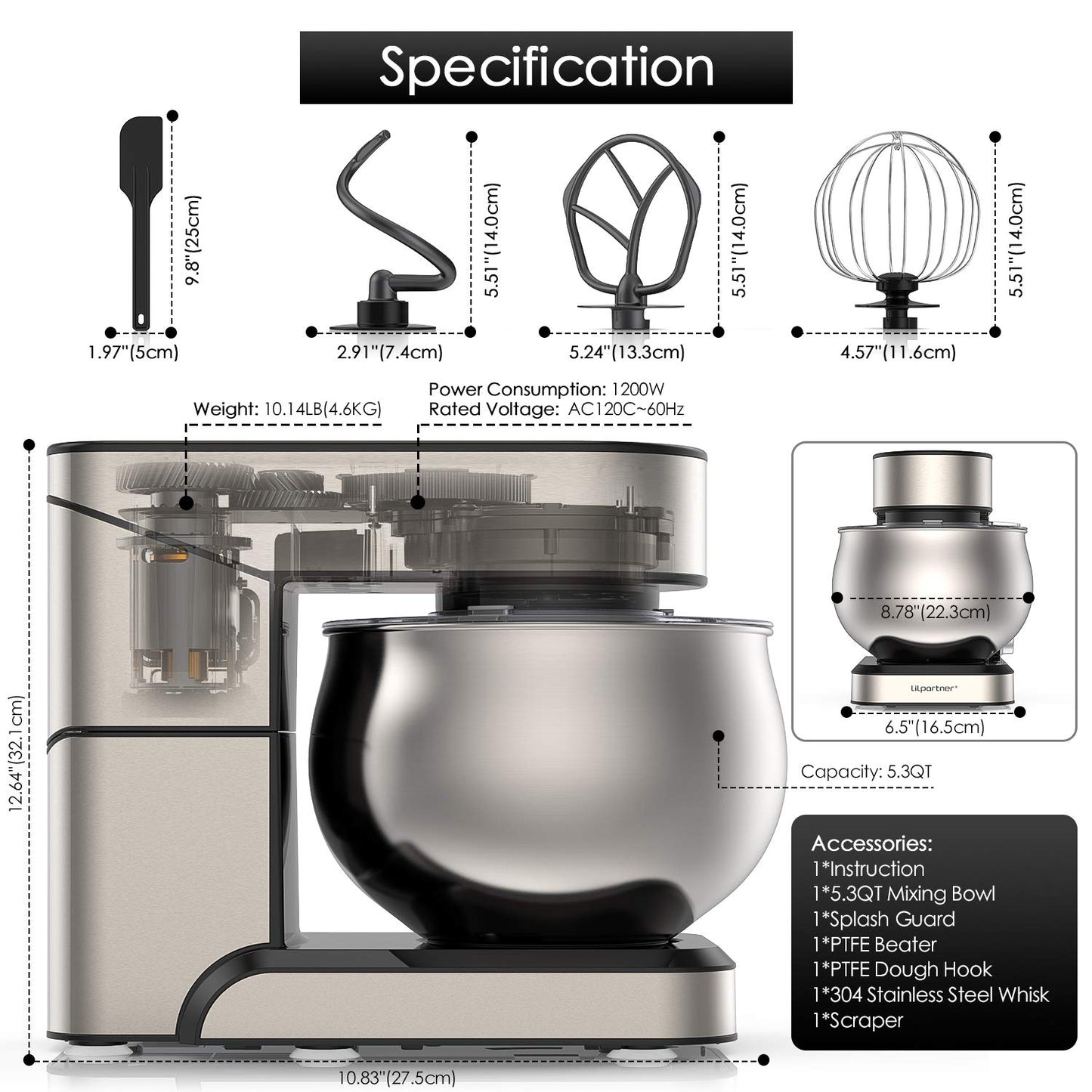 Stand Mixer, Stainless Steel Mixer 5.3-QT LCD Display Food Mixer, 6+P Speed itchen Electric Mixer Tilt-Head Mixer with Stainless Steel Bowl, Dough Hook, Beater, Whisk