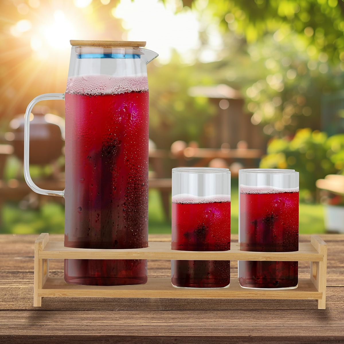 Glass Pitcher Set with Bamboo Base and Lid