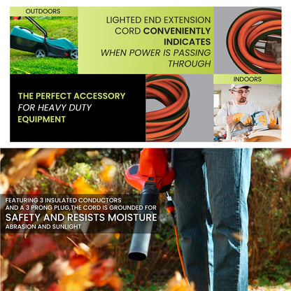 Go Green Power Inc. 16/3 25ft Outdoor Extension Cord with Lighted End - Contractor Grade, Durable, and Moisture Resistant - Ideal for Heavy Duty Tools - GG-13725
