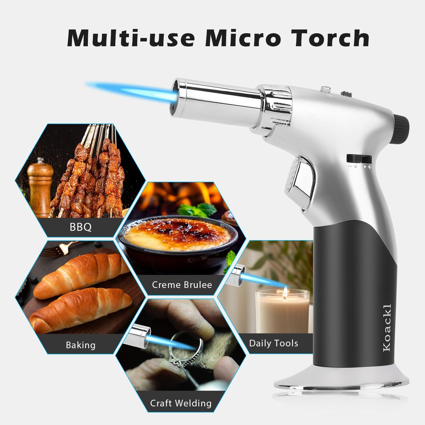 Koackl Dual Flame Mode Butane Torch Lighter, Refillable Luxury Kitchen Torch with Adjustable Flame with Ignition Lock for Welding, Resin Art, Cooking- Platinum and Black(Butane Gas Not Included)