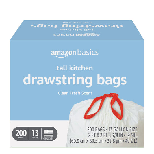 Amazon Basics Tall Kitchen Drawstring Trash Bags, Clean Fresh Scent, 13 Gallon, 200 Count, Pack of 1