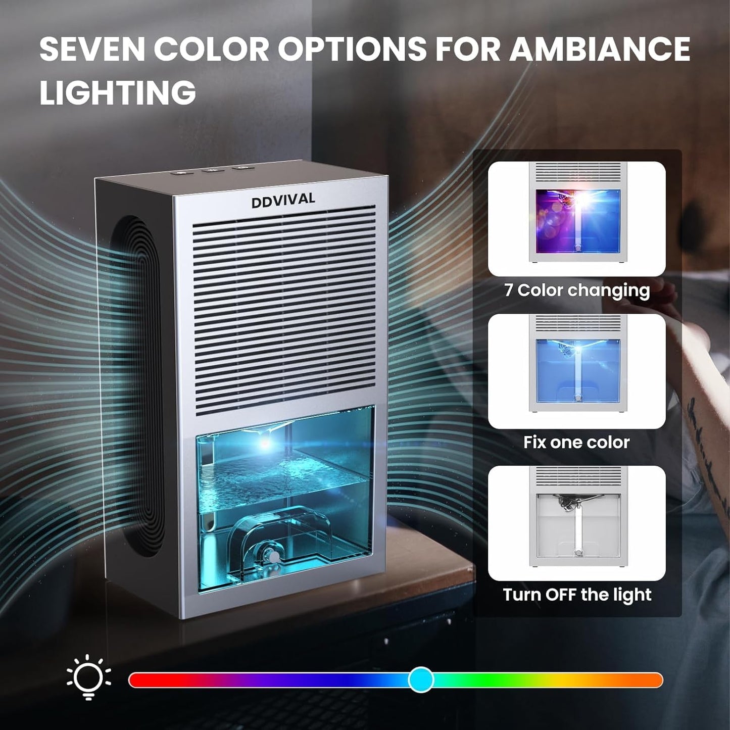 86oz Dehumidifier,DDVIVAL 1000 Sq.ft Dehumidifiers for Home Basements,Dehumidifier with Drain Hose and 2 Working Modes, 7 Color LED Light Small Dehumidifiers for Bedroom Room Bathroom Closet RV