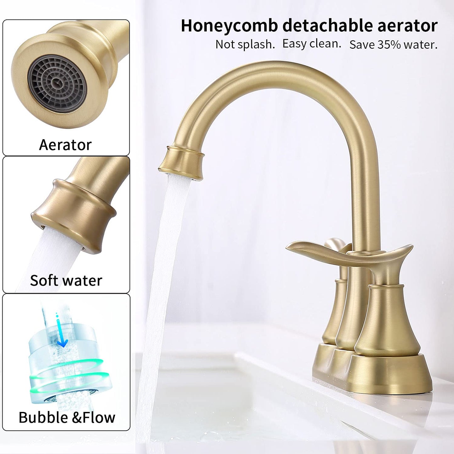 GELE Bathroom Faucet Brushed Gold with Pop up Drain & Supply Hoses 2-Handle 360 Degree High Arc Swivel Spout Centerset 4 Inch Vanity Sink Faucet