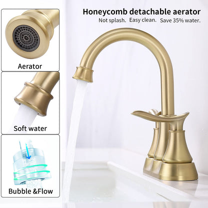 GELE Bathroom Faucet Brushed Gold with Pop up Drain & Supply Hoses 2-Handle 360 Degree High Arc Swivel Spout Centerset 4 Inch Vanity Sink Faucet