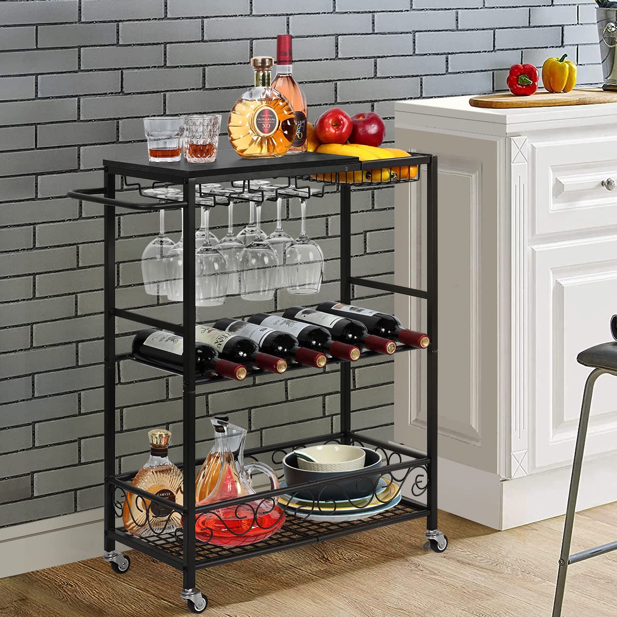 melos Bar Cart, Home Bar Serving Cart, Rolling Wine Cart with 3-Tier Shelf, Beverage Bar Cart with Wine Rack, Bar Cart with Wheels for Kitchen, Black