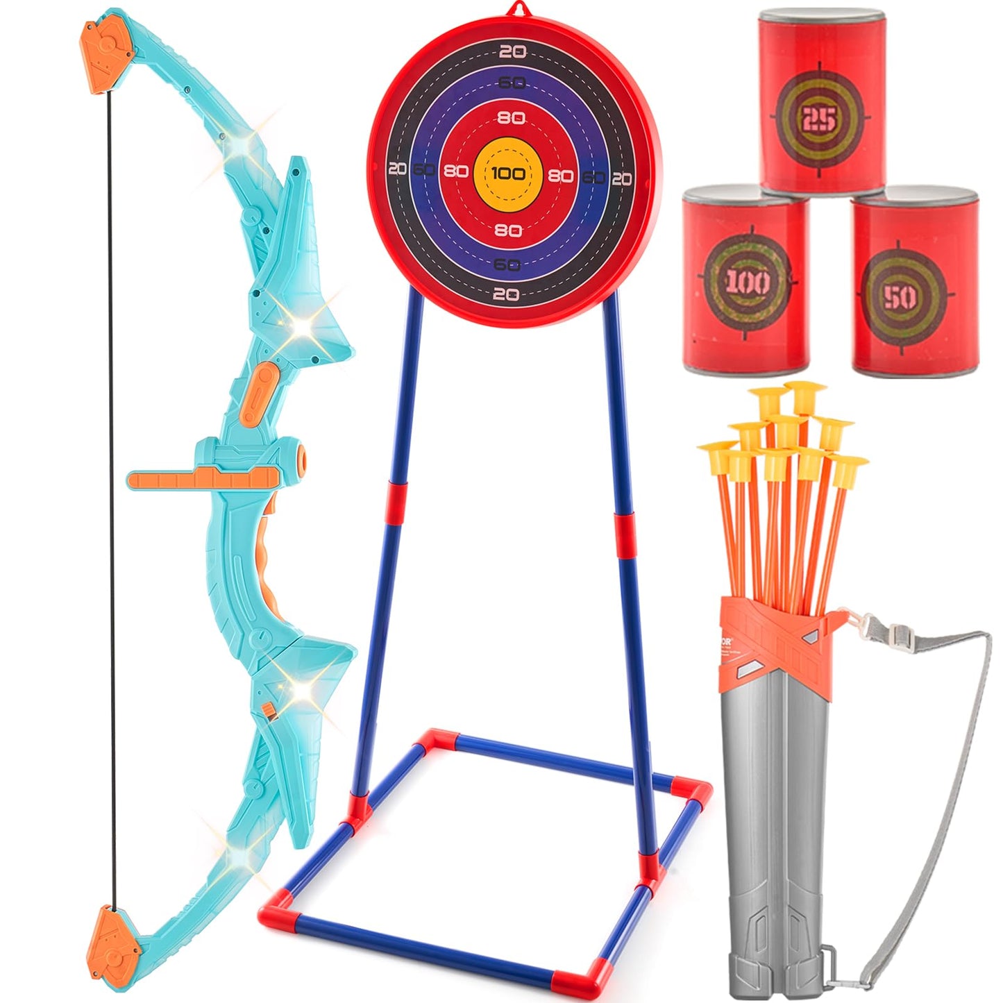 VEVOR Bow and Arrow Set for Kids, LED Light Up Archery Set with 10 Suction Cup Arrows, Indoor Outdoor Toy for Boys Girls Age 4-8 8-12 with Standing Target & Quivers, Ideal Gift for Kids 6 7 8 9 10+