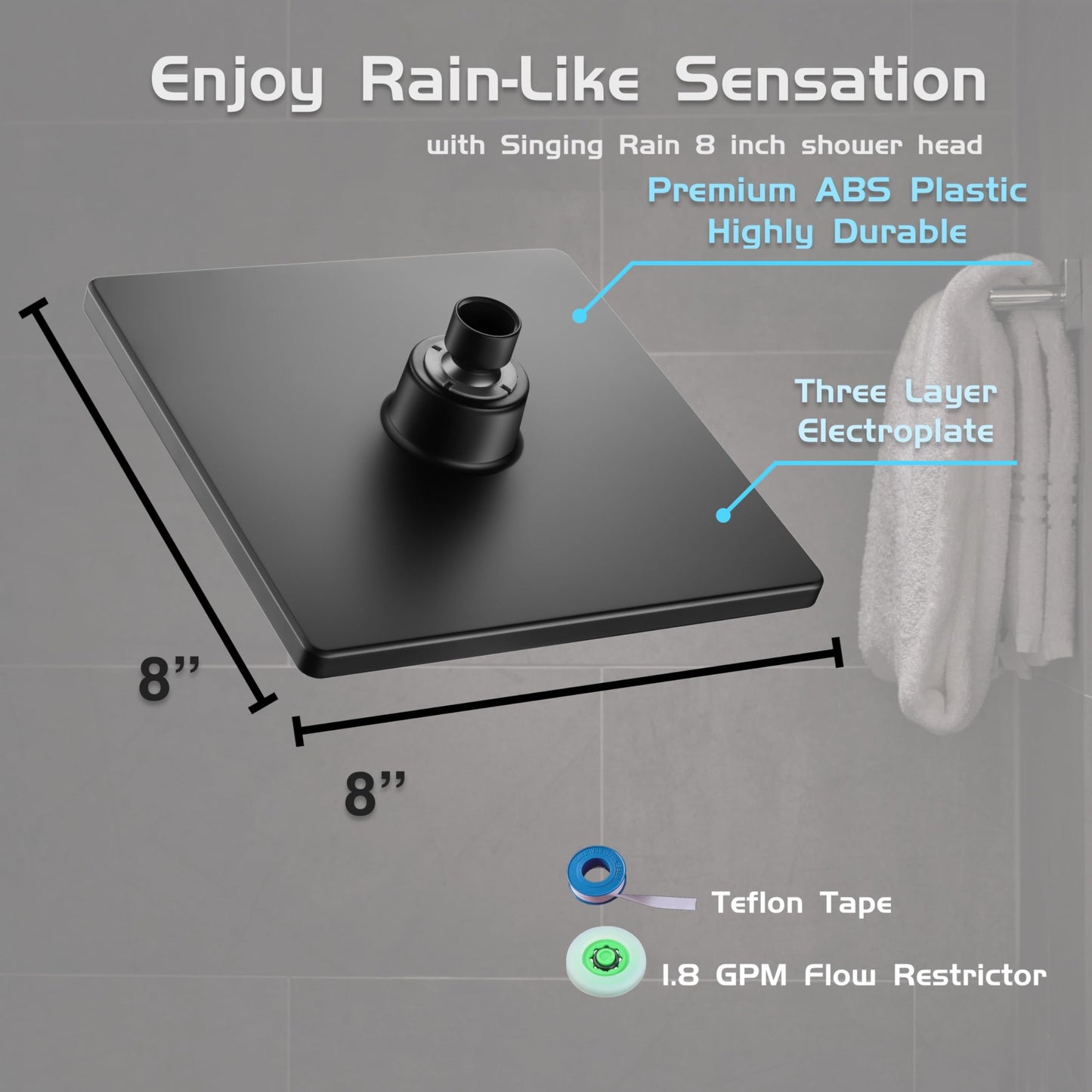 Singing Rain 8" Square Rain Shower Head