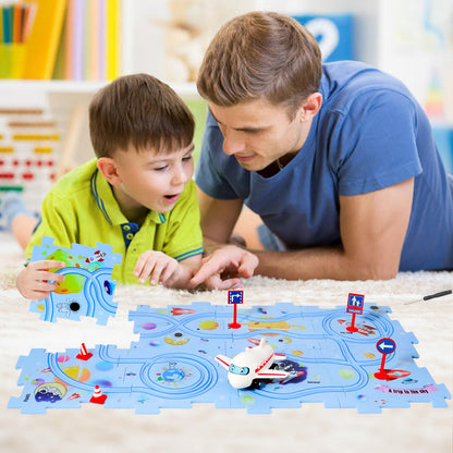 XAZASTOV Puzzle Racer Kids Car Track Set, Plastic Floor Puzzles for Kids Ages 3-5 with Vehicles, Electric Trolley Puzzle, Toys Gifts for 2 3 4 5 6 Year Old Boys Girls, Montessori Toys for 3+ Years