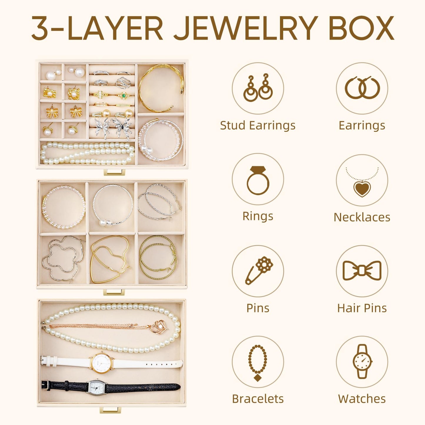 BALEINE Jewelry Box with Glass Lid, PU Jewelry Holder Organizer for Big Small Jewelry, Jewelry Storage Case (White)