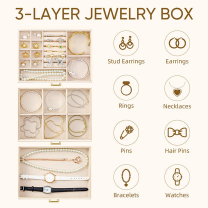 BALEINE Jewelry Box with Glass Lid, PU Jewelry Holder Organizer for Big Small Jewelry, Jewelry Storage Case (White)