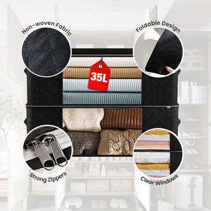 Joymeezo 3 Pack 35L Storage Bags,Clothes Storage Bins Foldable Closet Organizers Storage Bags with Zipper& Handle for Clothing, Blanket, Sweaters and Plush Toys (Black)