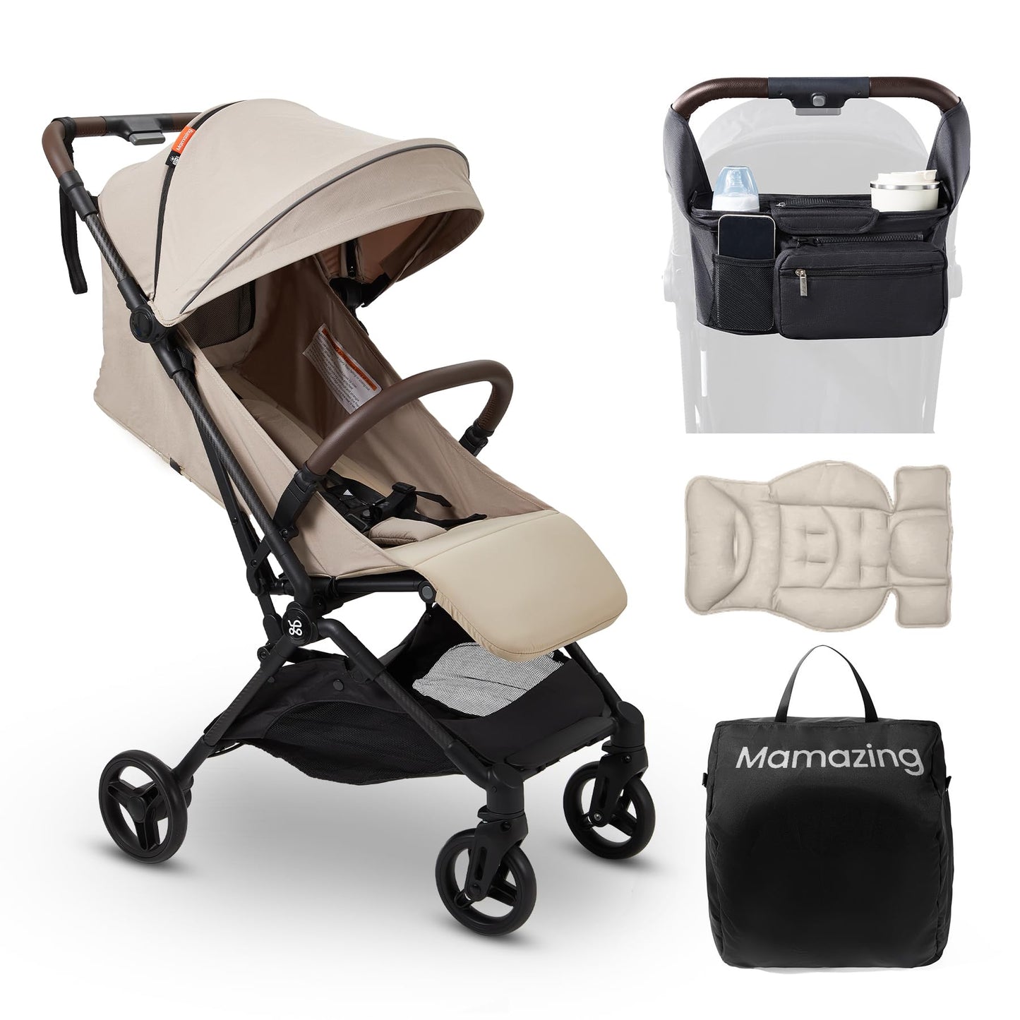 MAMAZING Lightweight Baby Travel Stroller with Carbon Fiber Frame, Compact & Airplane-Friendly, One-Handed Folding Design, 11.6 lbs, Perfect for Toddlers, Organizer & Cushion Included, Simply Taupe