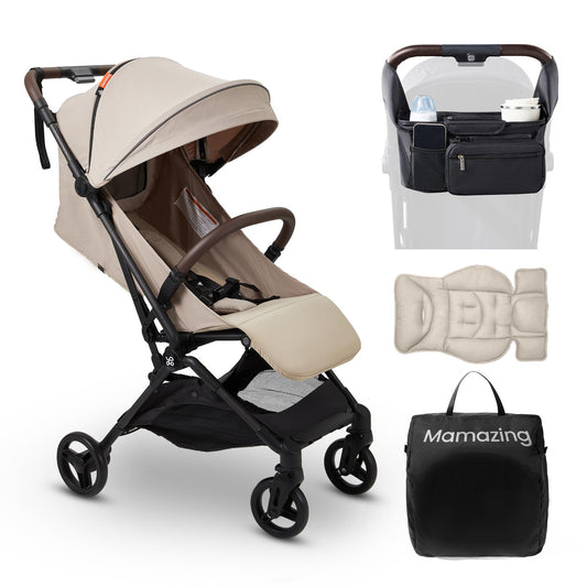 MAMAZING Lightweight Baby Travel Stroller with Carbon Fiber Frame, Compact & Airplane-Friendly, One-Handed Folding Design, 11.6 lbs, Perfect for Toddlers, Organizer & Cushion Included, Simply Taupe